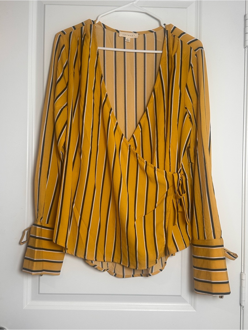 Promesa Mustard Yellow Striped Wrap Blouse